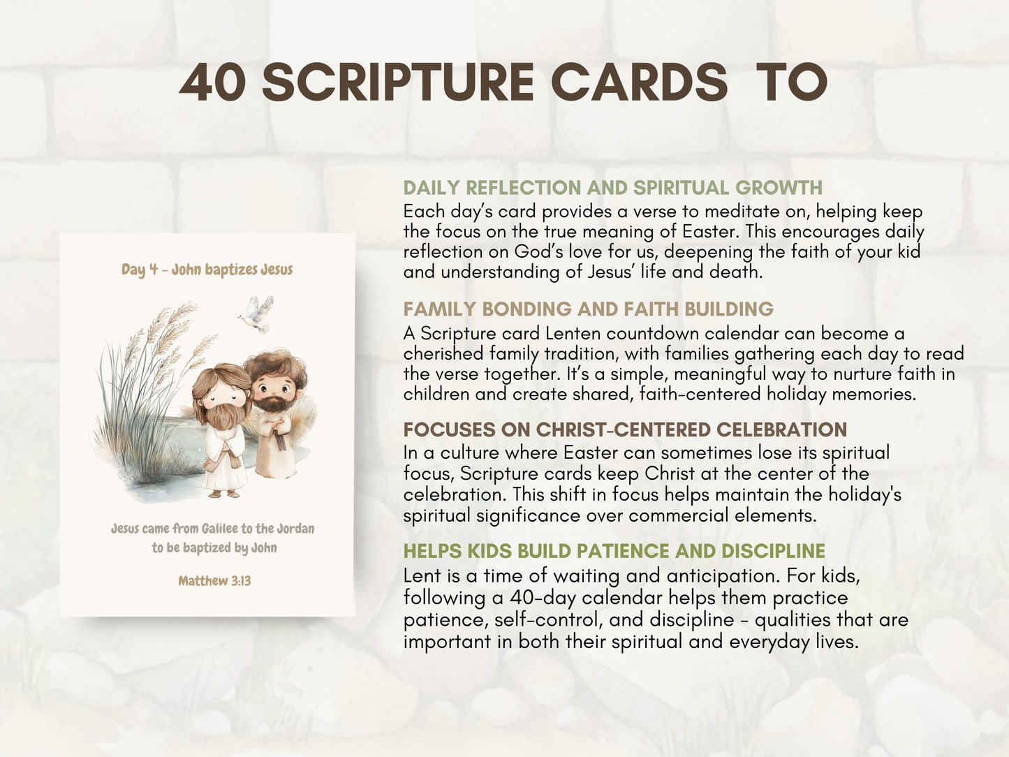 40 Days Lent Calendar for Kids | Bible Verse Easter Countdown Cards