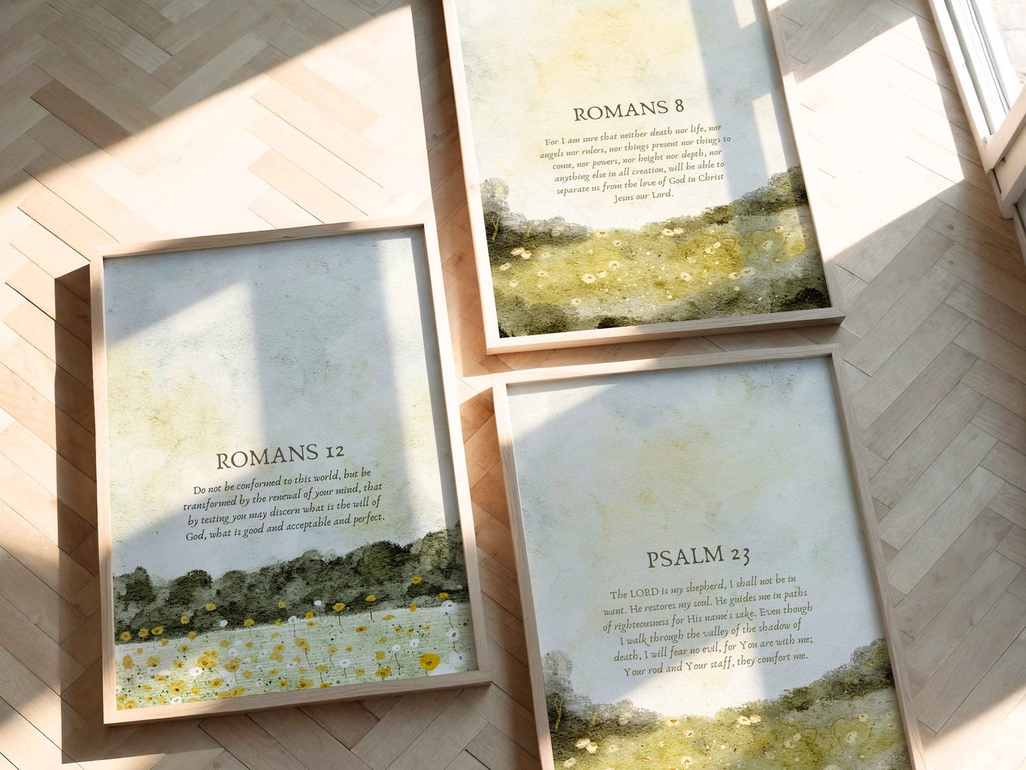 Set of 3 Vintage Scripture Posters | Romans 8 & 12, Psalm 23