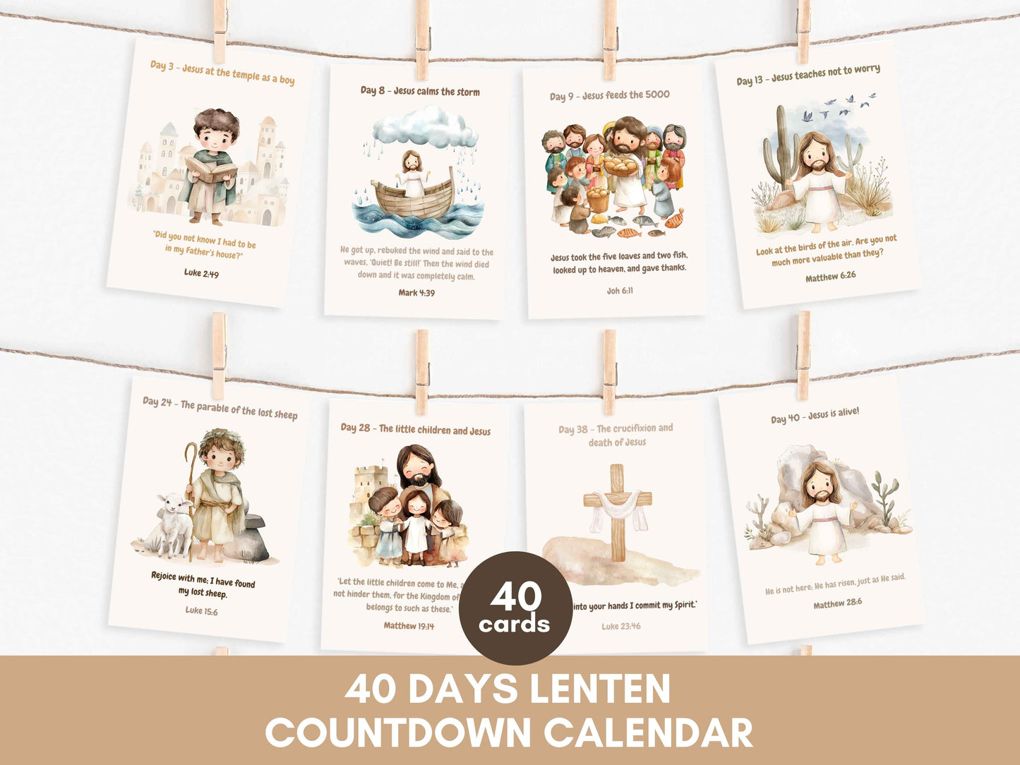 40 Days Lent Calendar for Kids | Bible Verse Easter Countdown Cards