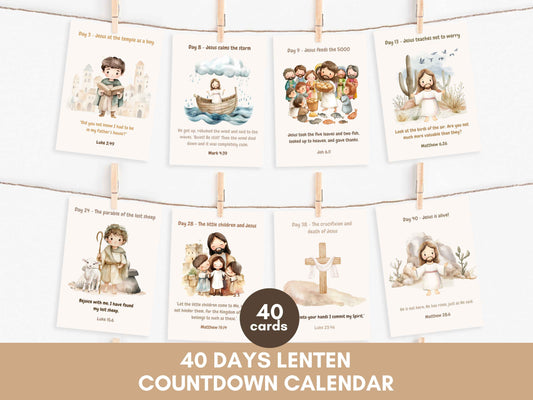 40 Days Lent Calendar for Kids | Bible Verse Easter Countdown Cards