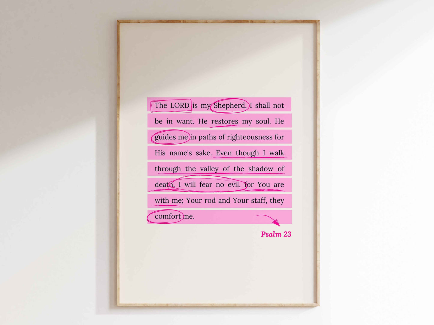 Psalm 23 - The Lord is My Shepherd Pink Bible Verse Wall Art