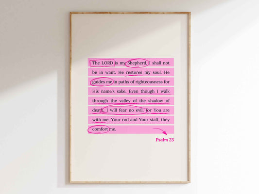 Psalm 23 - The Lord is My Shepherd Pink Bible Verse Wall Art