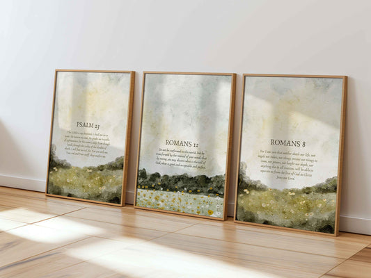 Set of 3 Vintage Scripture Posters | Romans 8 & 12, Psalm 23