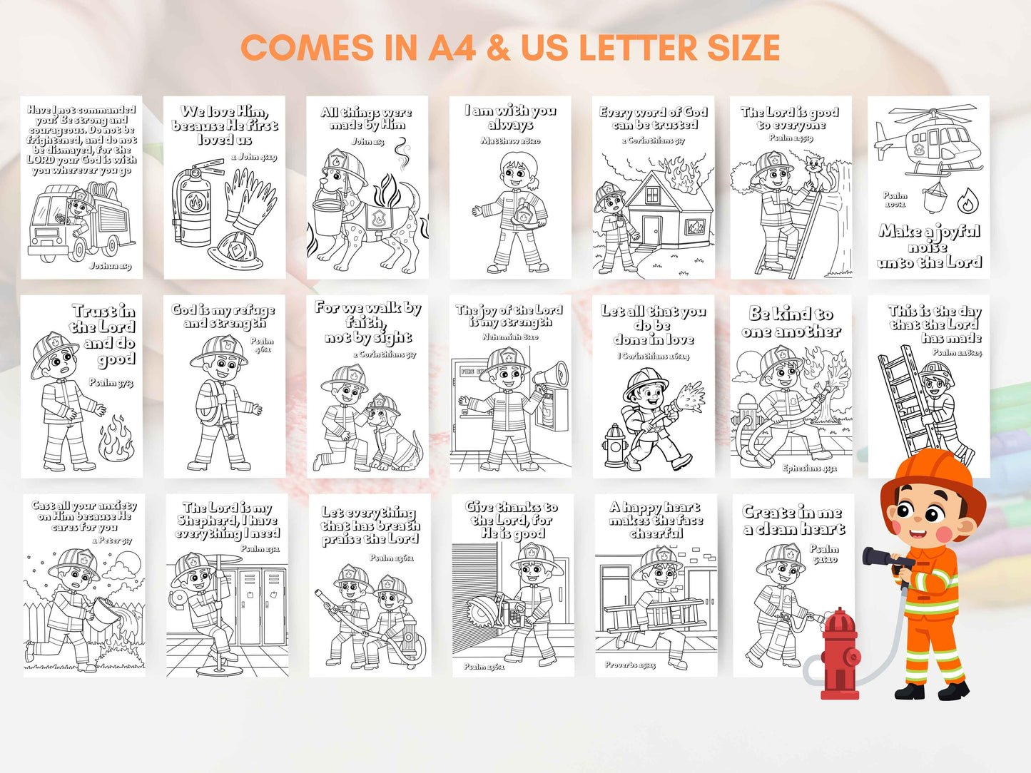 Bible Verse Coloring Pages for Kids - Firefighter Theme